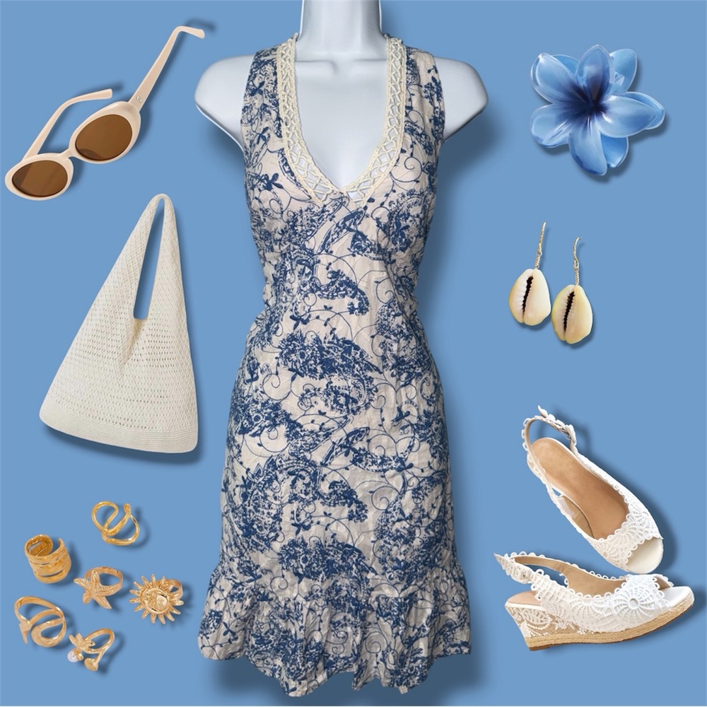 Altar’d State China Blue Paisley Print Sleeveless V-Neck Ruffle Hem Dress